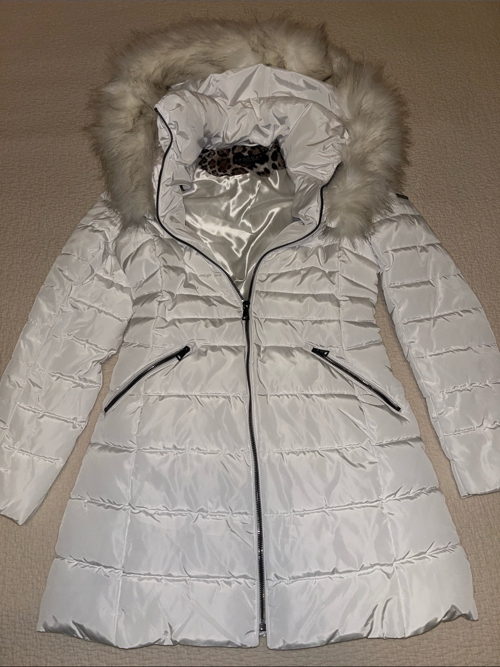 Laundry By Shelli Segal White Quilted Faux-Fur Hood Puffer Coat